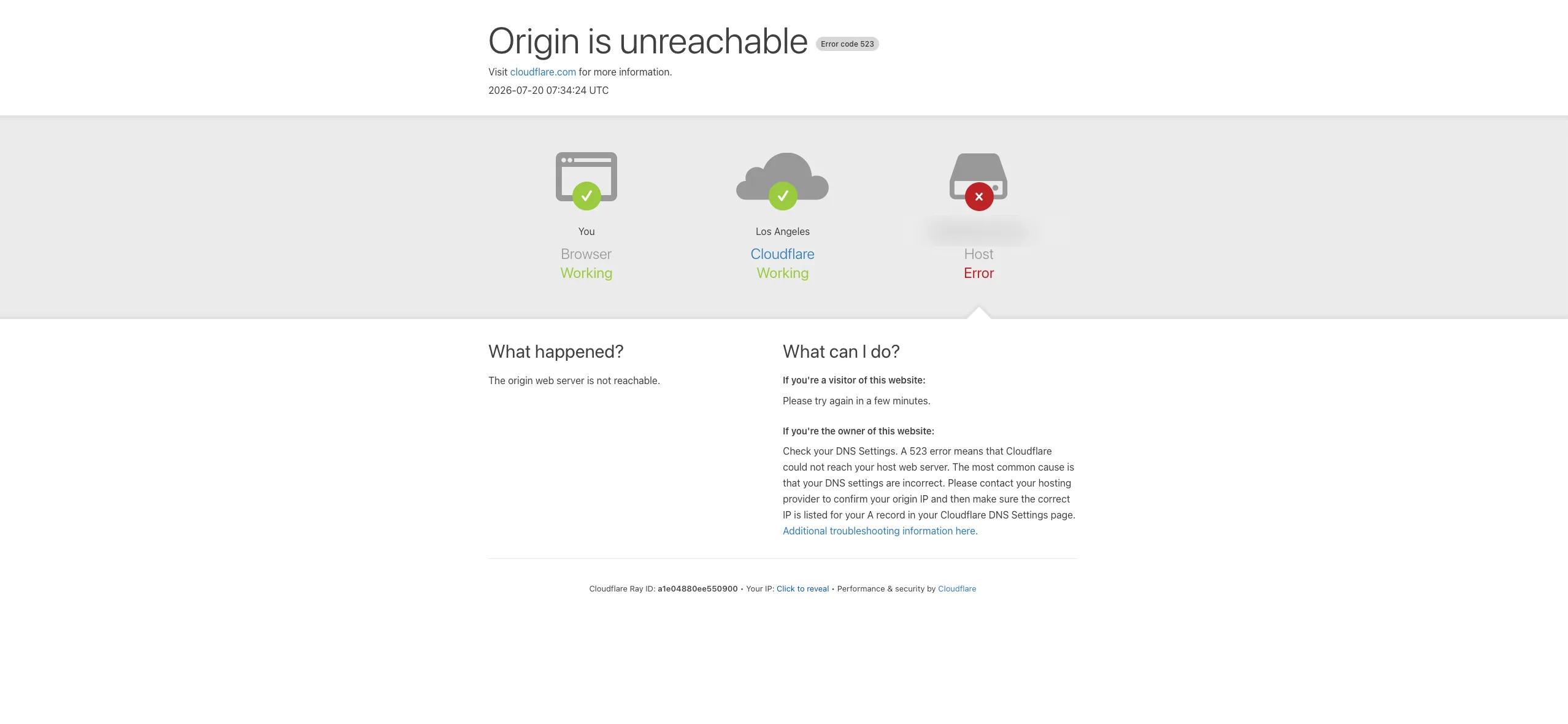 A Cloudflare 523 page shown while the origin was unreachable during a deploy