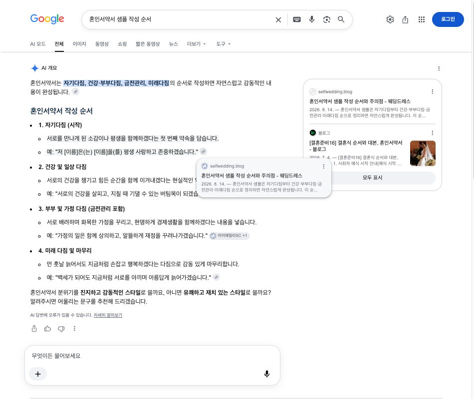 구글 AI 개요가 위블로그 글을 출처로 인용한 화면. ‘혼인서약서 샘플 작성 순서’를 검색했을 때 생성한 글이 오른쪽 출처 카드에 노출됐습니다. AEO 성공 사례.