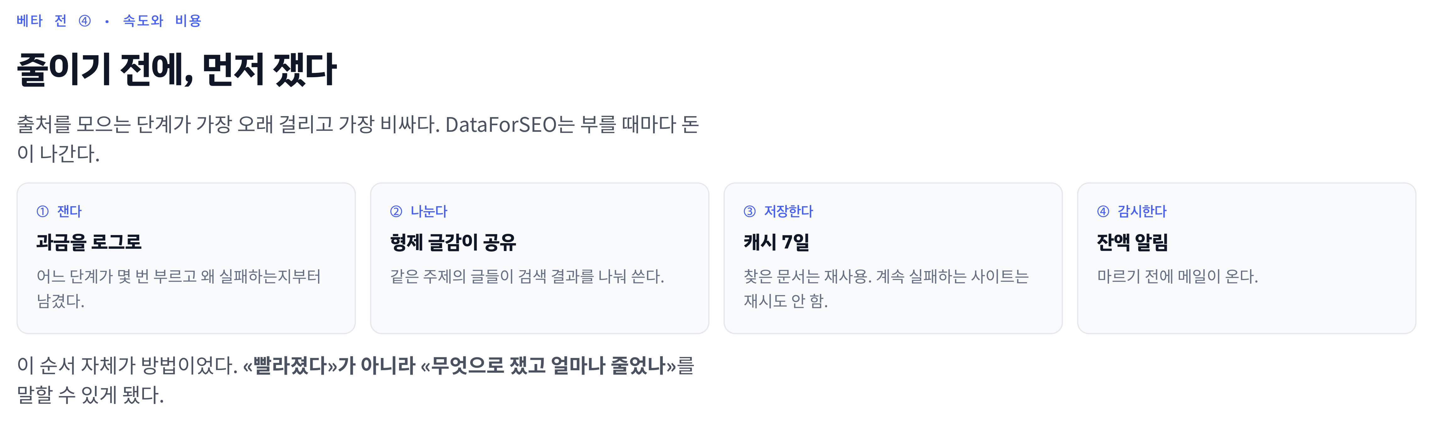 측정 → 분석 → 저장 → 모니터링. 과금 로그에서 시작해 형제 글감의 검색 결과 공유, 7일 캐시, 잔액 알림으로 이어진 비용 개선 순서.