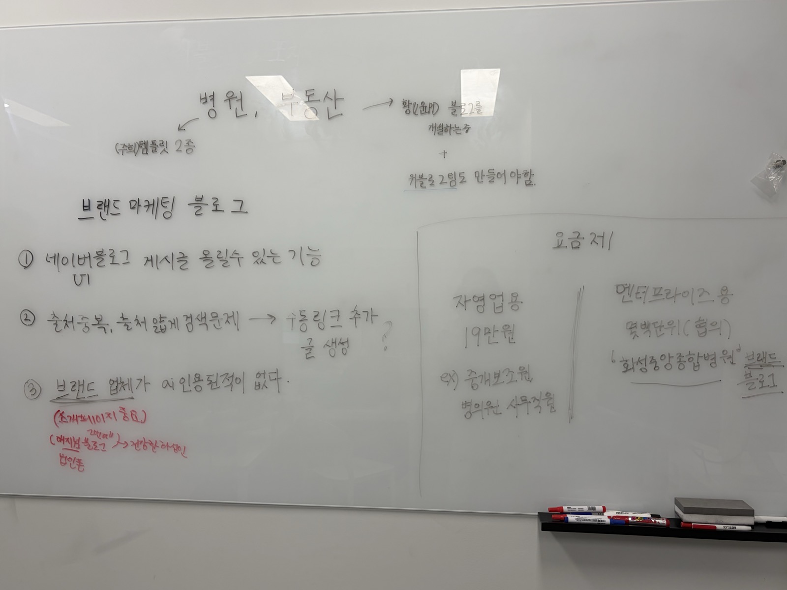 병원·부동산 대상의 브랜드 블로그, 작업 흐름, 자영업용·엔터프라이즈 요금제를 정리한 화이트보드.